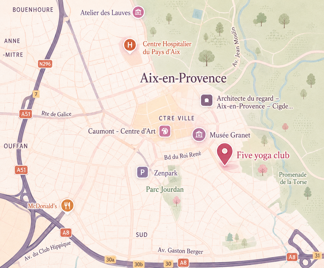 Carte illustrée de Five Yoga à Aix-en-Provence
