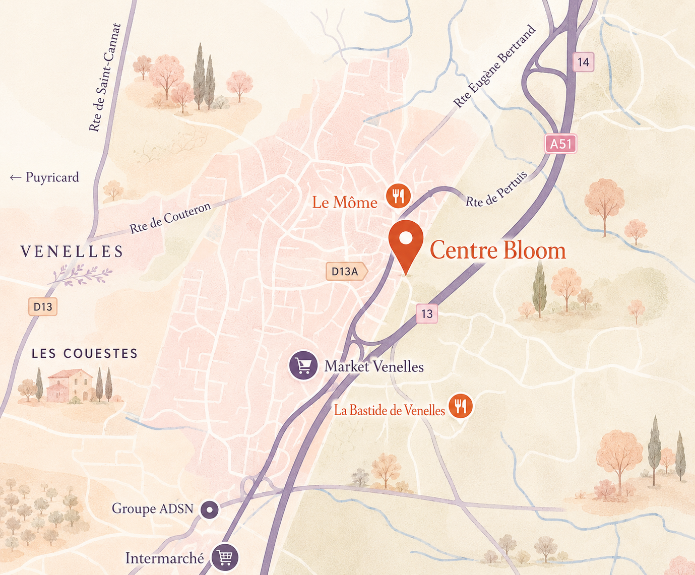 Carte illustrée du Centre Bloom à Venelles